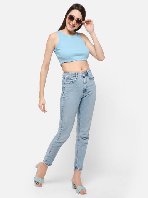 Clovia Chic Basic Ribbed Crop Top in Baby Blue - Cotton
