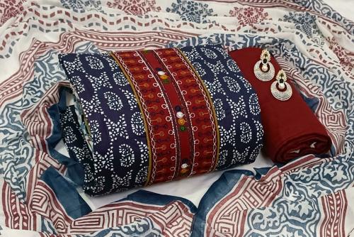 Salwar Studio Women's Navy Blue & Maroon Cotton Embroidered Unstitch Dress Material with Dupatta