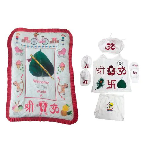 BIGMOTHERS Newborn baby chhathi set ( 1 jablu, 1 nappy, 1 hand/leg mitten, 1 cap)