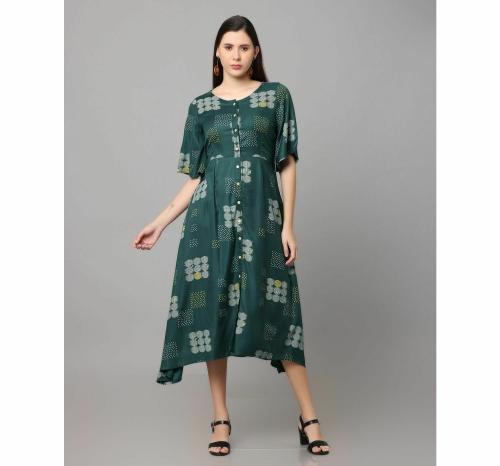 MID WAIST Women Printed Aline asymmetric Knee Length dress Green Colour S Size