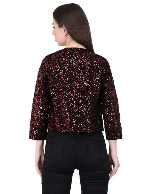 UNFAKENOW Women Red Embellished Velvet Shrug (M)
