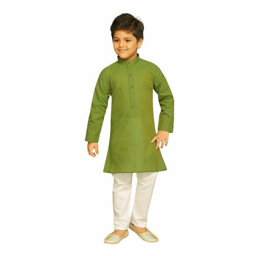 Baba & Baby Boys Traditional Ethnic Wear Handloom Cotton Plain Mehendi