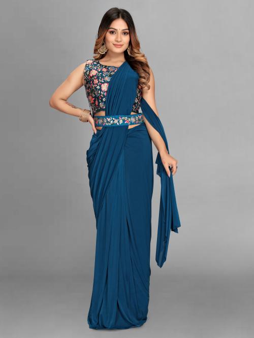 Ethanicside Solid Blue Saree with Embroidered Blouse Piece & Belt