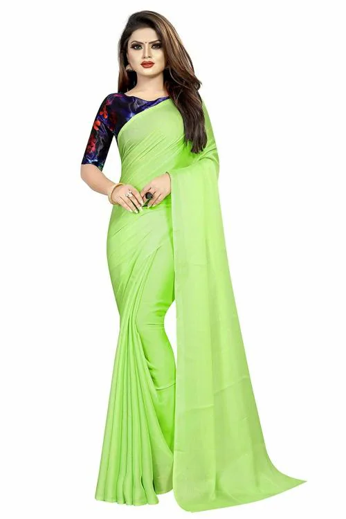 Bought First Bollywood Stylish Plain Chiffon Saree with Printed Blouse for Girls & Women's -(Pista)