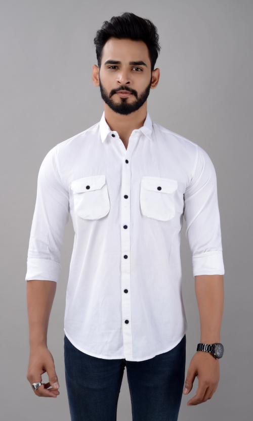 VILLAIN Men's Full Sleeve Cargo Shirt with Double Pocket - White