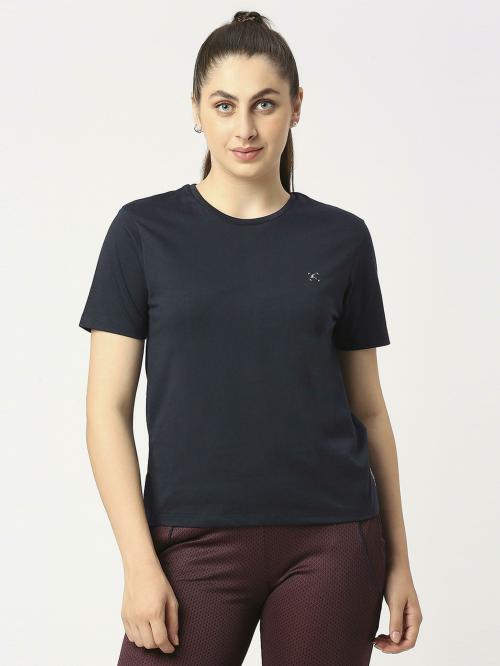 Lovable Women Solid PC Lycra Navy Blue T-Shirt_L