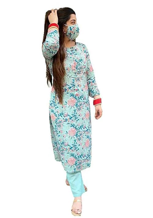 Femeone Women Turquoise Blue Cotton Kurti Pant Set - L
