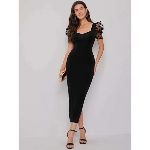 C.J FABRICS Women's Fancy Sleeve Sweetheart Neck Bodycon Casual Maxi Dress