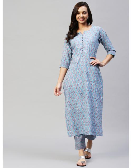 SHUBHISHA FASHION Women Blue Straight Floral Printed Kurta with Trouser