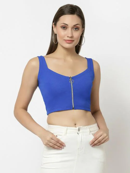 Popwings Women Casual Sleeveless Royal Blue Crop Top with Front Chain | Tops for Women | Tops For Women Stylish | Tops Latest Design For Women