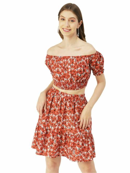 Moomaya Printed Summer 2 Pcs Set For Women, Off-Shoulder Crop Top - Mini Skirt Coord Set