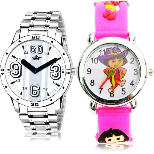 NEUTRON Contemporary Fancy Lionel Messi And Dora The Explorer Kids Silver And Pink Colour Analog Metal And Plastic Belt 2 Watch Combo For Boys And Men - BL46.111-BK191
