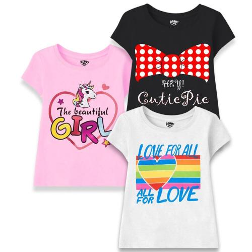 Berry Joy Kids, Toddler and Girls Cotton Blend Graphic Print Short Sleeves T-shirt Pack of 3 (5-6 Year)