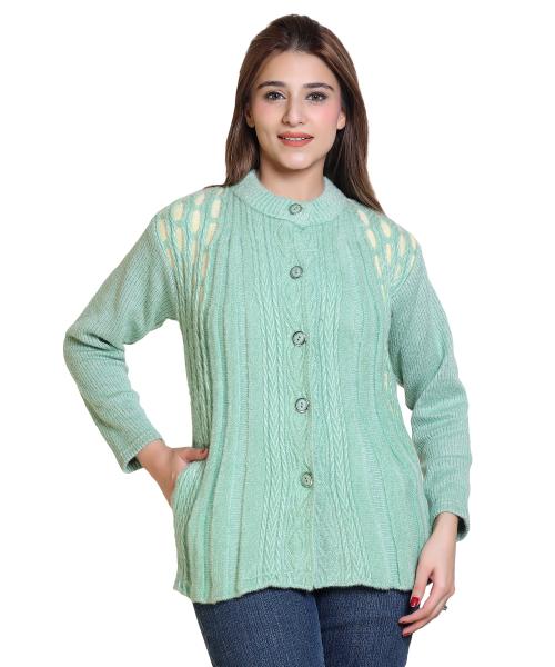 HETESHE Women's Acro Wool Round Neck Light Green Sweater with Jacquard On Sides, 1 Pocket & Front Opening Buttons for Winter Wear