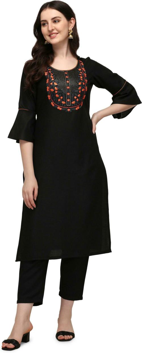 SAADHVI Women Black Embroidered Pure Cotton Kurta Suit Set
