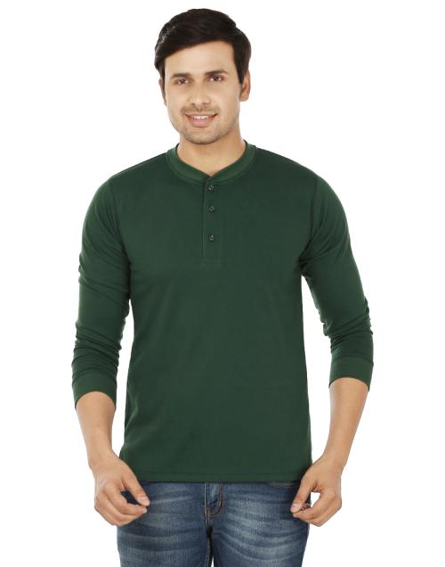 Weardo Men's Plain Bottle Green Henley Neck Full Sleeves T-Shirt In S Size