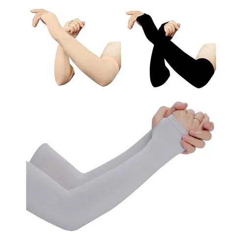 TENDSY Arm Sleeve Cooling or Warmer Sleeves UV Protection for Men Women Kids Sunblock Protective with Thumb Hole for Biking Gardening Fishing Hiking Running - Pack of 3 -Black ,Blue and Grey