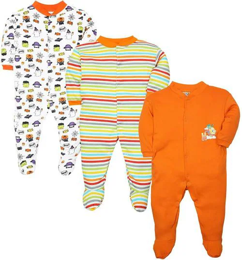 Tiniberry Baby Boys and Girls Orange Striped, Printed Cotton Blend Pack of 3 Romper 12-18 MONTHS| Rompers |Sleepsuits | Jumpsuit |Body suits