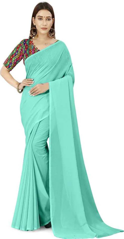 Kashvi Sarees Women Light Blue Solid Georgette Single Saree