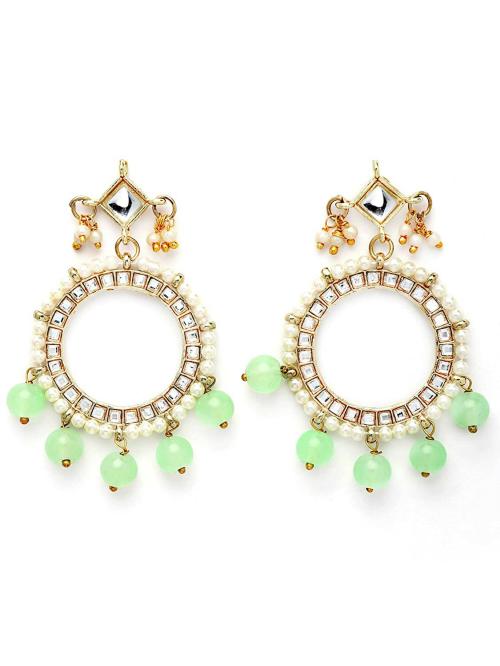 Karatcart Metal Gold Plated Light Green Beads Kundan Hoop Earrings For Women