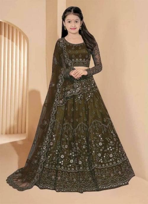 FULPARI Girls Lehenga Choli Ethnic Wear Embroidered Lehenga Choli and Dupatta Set ( Dark Green )
