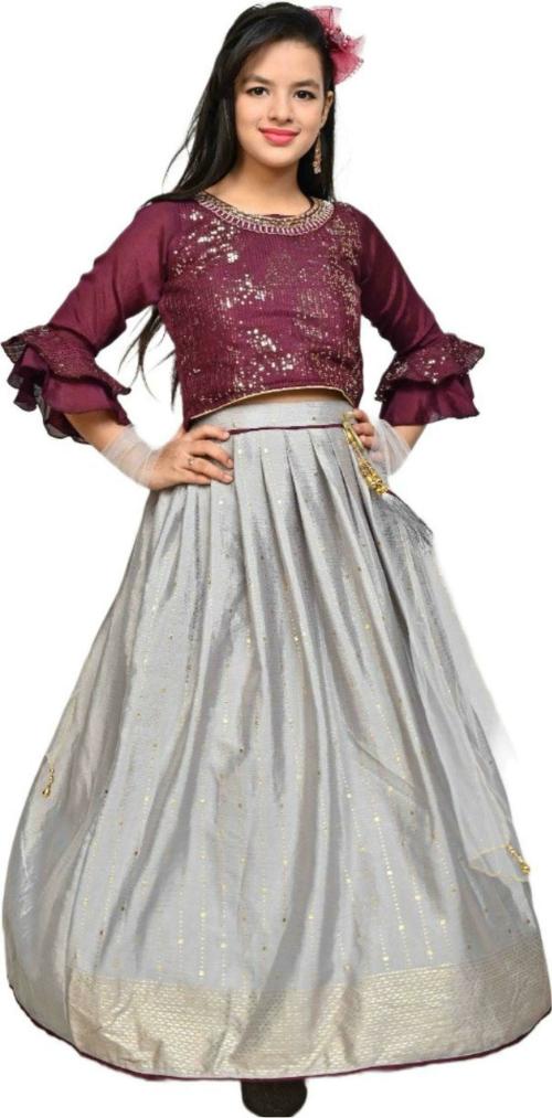 BEEJELLY Baby Girls Maroon and Silver Mix Embellished Cotton Lycra Blend and Net Lehenga Choli and Dupatta Set(2-3 Y)