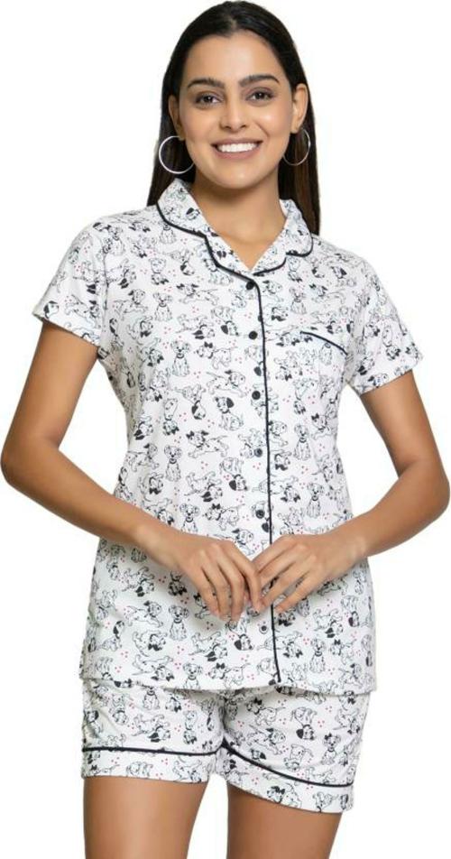 Night Platter Women's Printed Crepe Open Shirt with Shorts co-ord Set - White