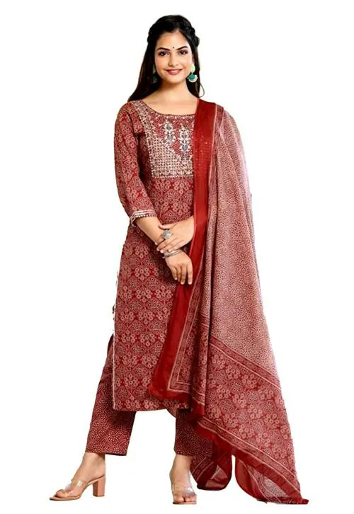 FEMEZONE Women Maroon Cotton Kurti pant and dupatta Set - XL