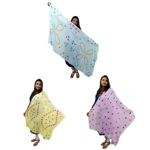 IGNOTO (Pack of 3) Women's Cotton Dupatta (Multicolor Printed dots work With Gold Silver Zari Line Pattern) (Pattern/Design: Assorted)