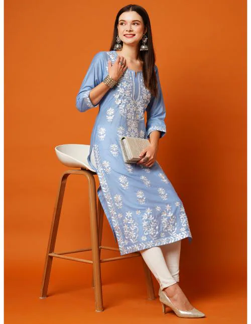 Anni Designer Women's Sky Blue Straight Floral Embroidered Chikankari Kurti