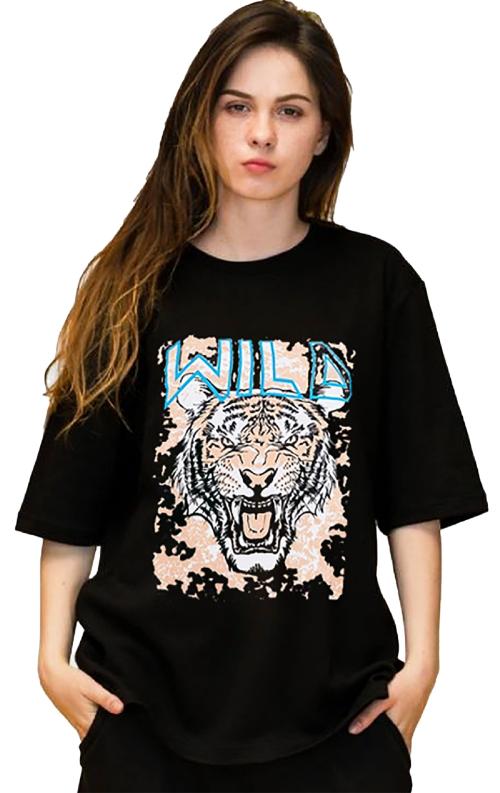 LEOTUDE Women's Cotton Blend Half Sleeve Round Neck Oversized Printed T-Shirts (Black Color)