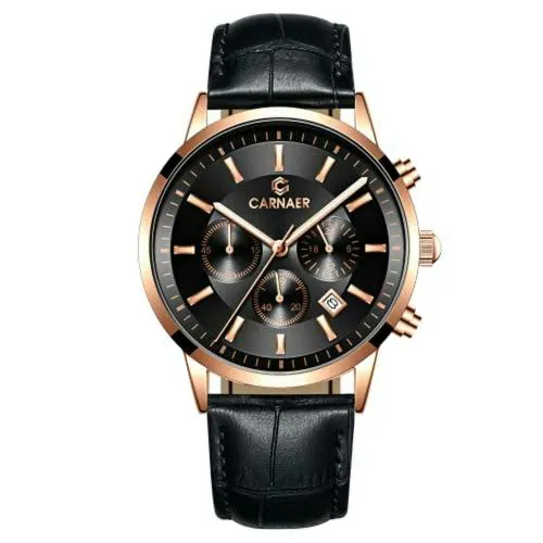 CARNAER Men's Chronograph Quartz Watches, Genuine Black Leather Strap with Date, Luminous Hand Analog Watches for Men with Rose Gold Case and Black Dial
