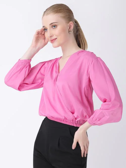 For U Pink Wrap Crop Top For Women Top Elastic Waist Tie Up Designer Tops Casual top for women (L)