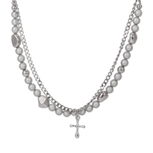 THE MEN THING MIRE SERENITY - Two Layer Necklace with Titanium Steel Chain & Fusion Cuban Pearls & Cross Pendant - Size 18inch