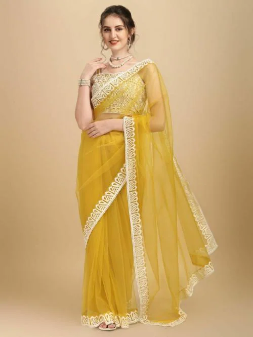 Vaani Creation Embroidered Lehenga Saree, Yellow, Madhuri Dixit Inspired Design
