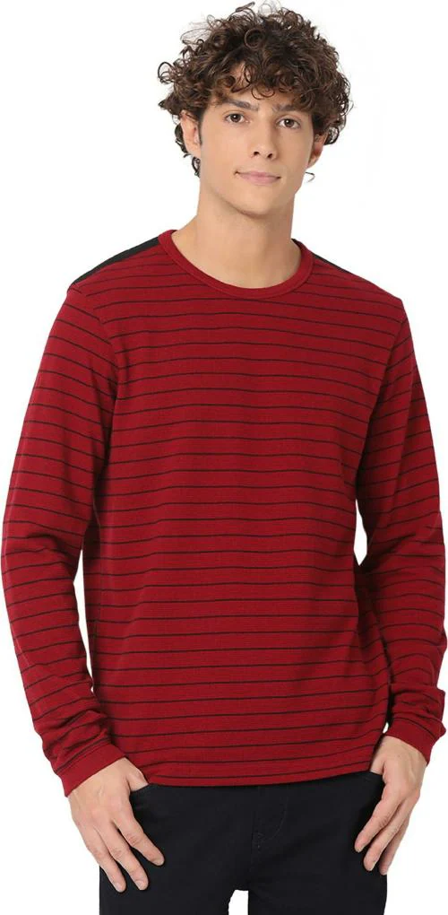 Mufti Maroon Textured Long Sleeve Tee