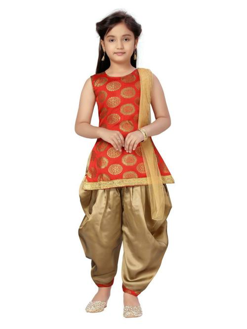 Aarika Girls Red Self Design Silk Kurta Suit Set