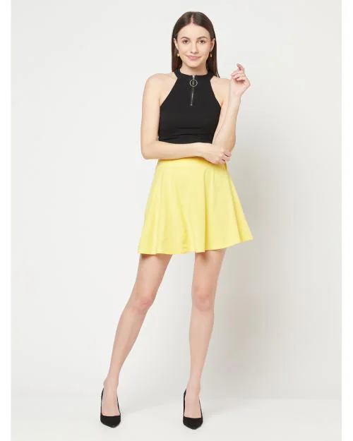Glito Solid Yellow Mini Skirt For Women