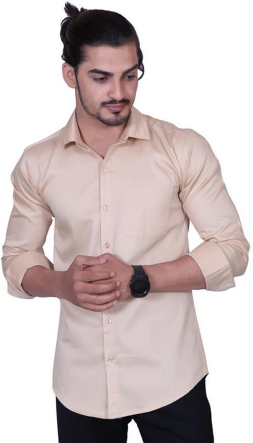 Ikg Denim Men Cream Solid Cotton Blend Regular Fit Casual Shirt (M)