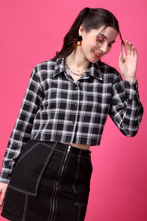 Popwings Women Casual Pure Cotton Black Checks Shirt | Women Crop Shirt | Women Collar Shirt | Women Trendy Shirt