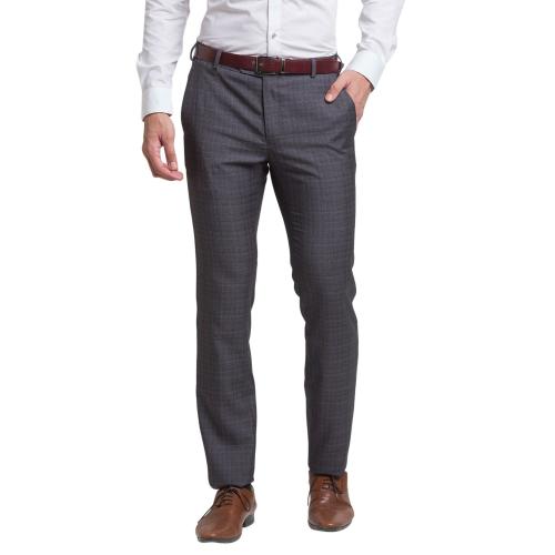Raymond Men Grey Checkered Rayon Flat-Front Pants