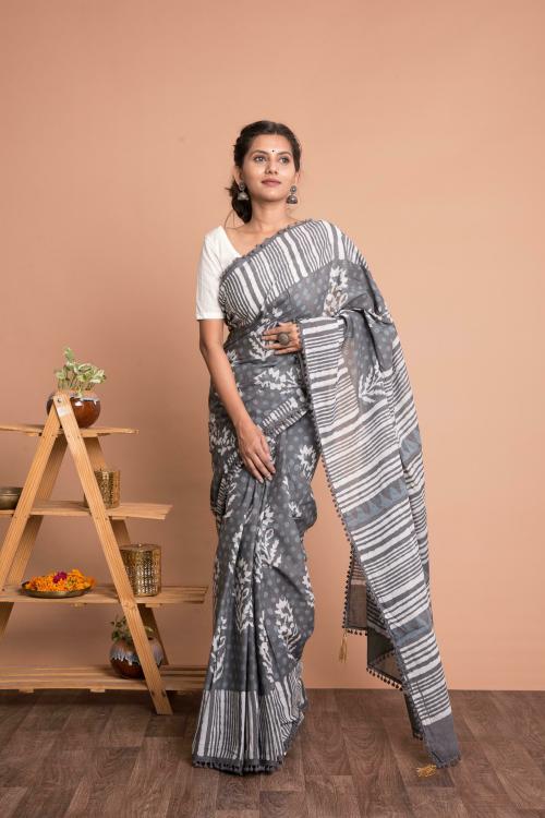 Kishori Women's Dabu Motif Print Cotton Mulmul Saree and Blouse Fabric (Grey)