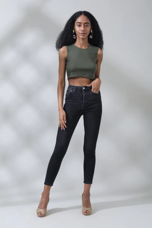 Tinted Olive Ribbed Vest Top For Women