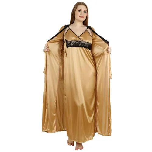 Kawam Women's Lycra Night Dress | Two Piece Nighty with Robe - Golden