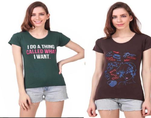 HighSeas Women Green and Brown Printed Cotton Blend Round Neck T-Shirt - M (pack of 2)