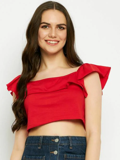 Buy Red Square Neck Flutter Sleeves Crop Top Online at Best Prices in ...