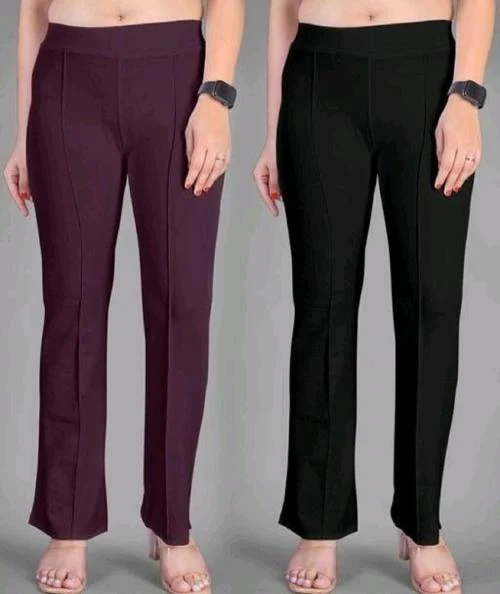 Woodzon Premium Quality Lycra Trousers For Women Pleat-Front Pants with Elasticated Waist Trouser & Pant | Regular Fit Spandex Quality Trouser Womens (Wine & Black) (XL)