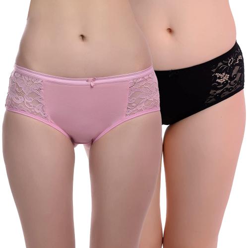 SHEBAE Lace Panty for Women Mid Waist Hipster Panties Combo Color - Pink & Black (Pack of 2)