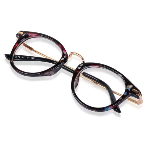 Flower Print Unisex Round Spectacles Glasses with Metal Sticks