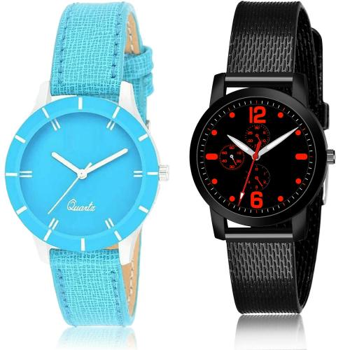 NIKOLA Modish Stylish Genuine Leather Blue And Black Colour Analog Genuine Leather And Plastic Belt 2 Watch Combo For Women And Girls - G269-(69-L-10)